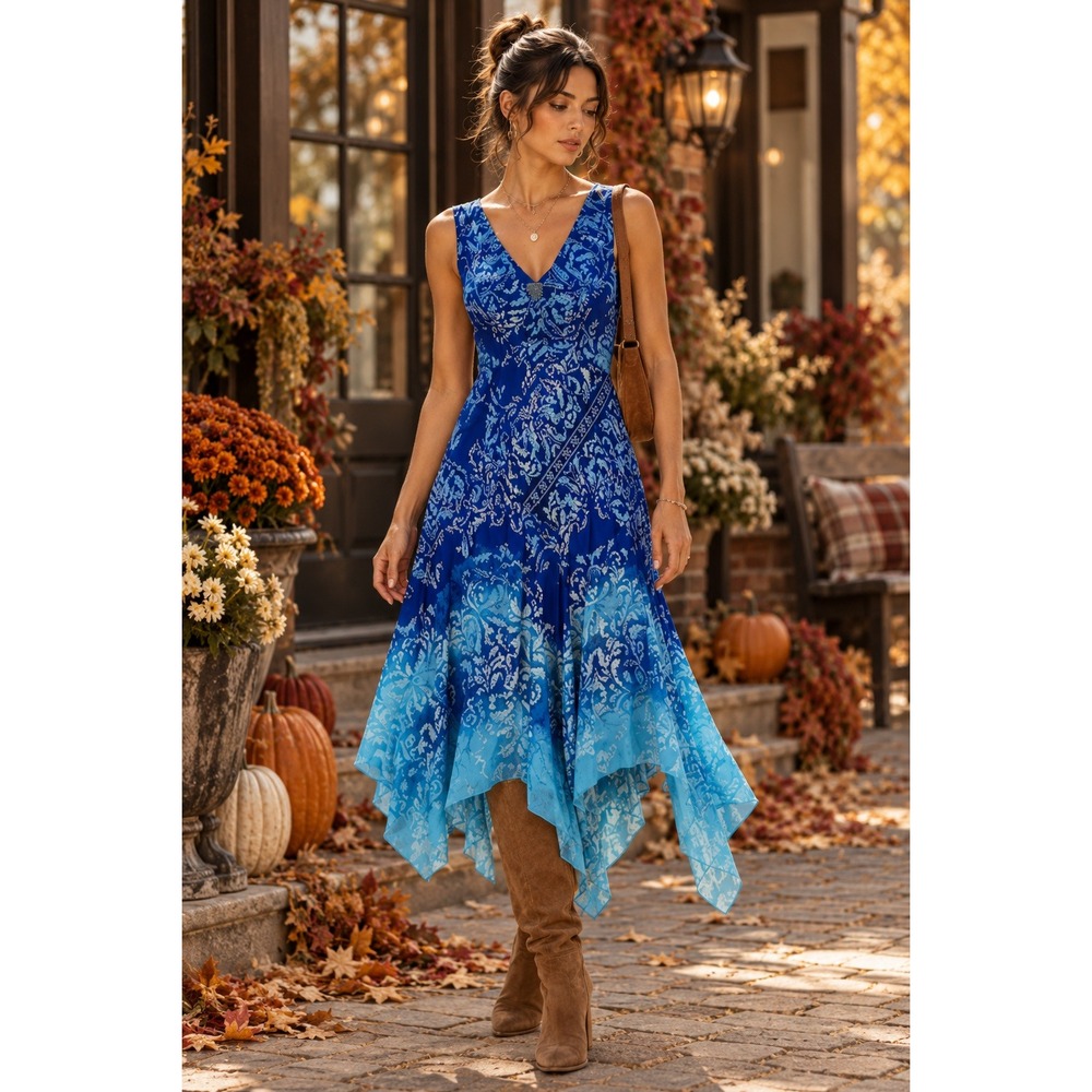 Rabbit Rabbit Rabbit Designs Y2K Blue Paisley Handkerchief Hem Midi Dress 12